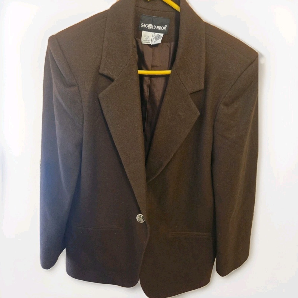 VTG Sag Harbor Womens Brown Blazer  Pure Wool Classic One Button Jacket Sz 10